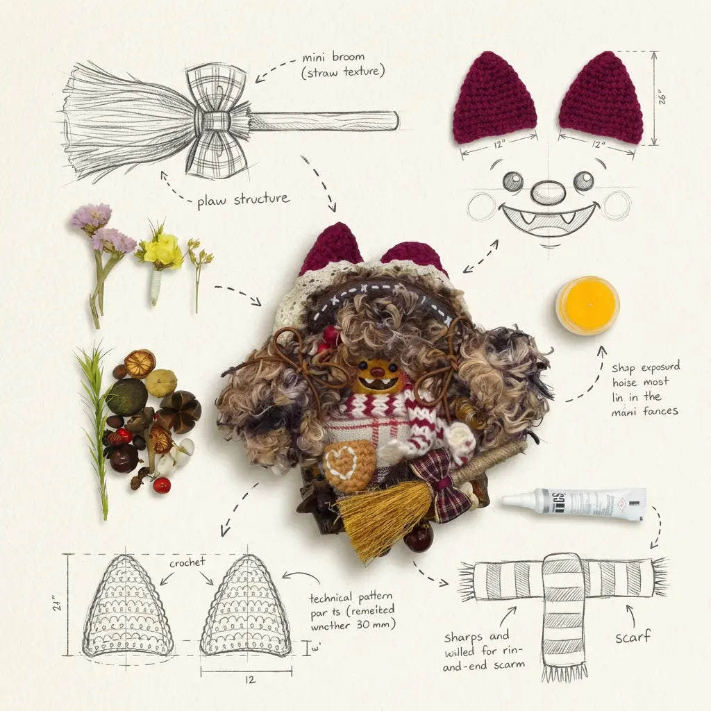 andmade art toy design sketch, showing the craft process and natural materials of a unique woodland doll