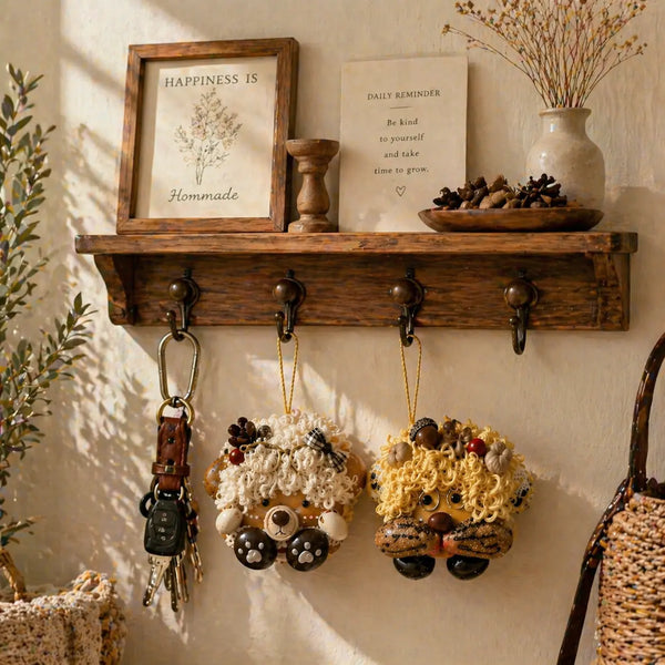 Handmade plush bear and lion keychains hanging on a vintage wooden entryway shelf for cottagecore home decor.