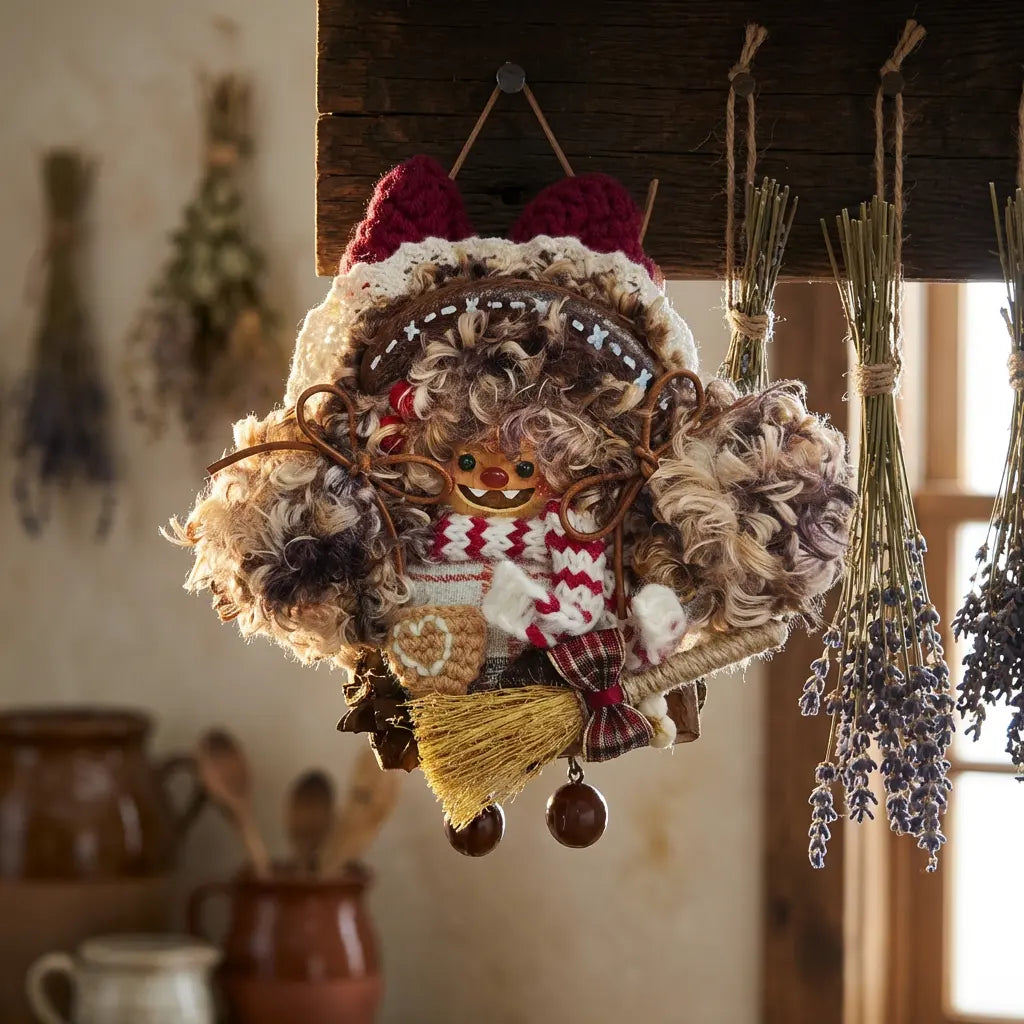 Handmade woodland witch doll with broom, unique cottagecore aesthetic home decoration for fairycore lovers.